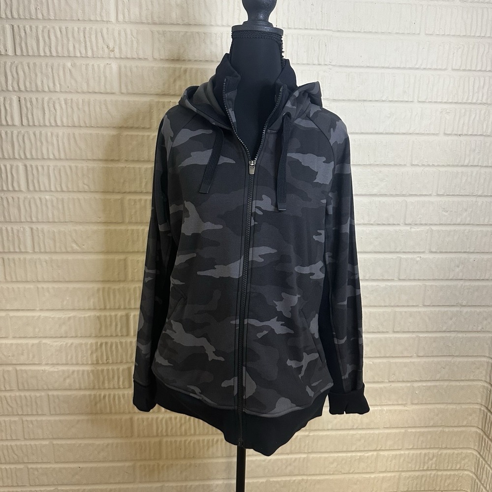 Athleta Triumph Printed Hoodie Jacket Black Gray Camo Sz L Full Zip Heavyweight